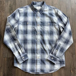 Lucky Brand Men's Plaid Button Down Shirt Size M Gray Blue White Cotton Stretch